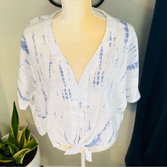 RAILS Thea Tie Waist Linen Blouse Top, Tie-dyed, Blue/White, Summer Vacation NWT - Picture 12 of 17